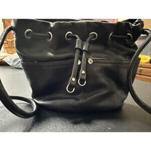 Tignanello Bucket Handbag Crossbody Drawstring Pebbled Leather Black